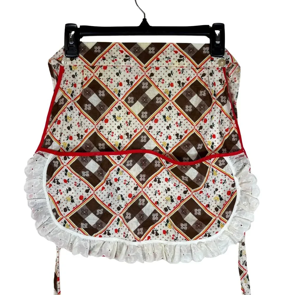 Brown White Fruit Apron Vintage Large Pockets Handmade Picnic Small Child Size
